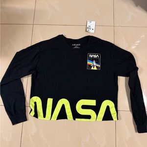 NASA Cropped Sweatshirt XL Black Neon Graphic Space Crewneck Preowned